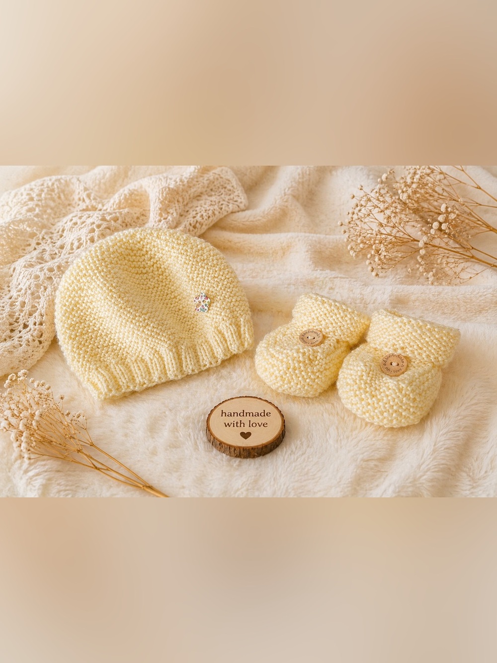 Handmade Cream Baby Beanie & Booties Set - Soft Knit Kids Accessories